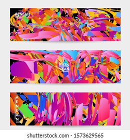 Abstract banner template with bright colored random small particle explosion. Sport music social media layout. Optical art dynamic background with outer space motion. Futuristic vector.