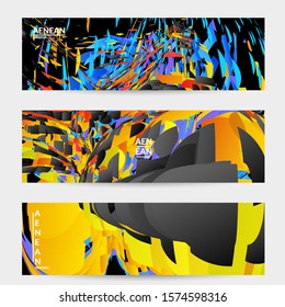 Abstract banner template with bright colored random small particle explosion. Sport music social media layout. Optical art dynamic background with outer space motion. Futuristic vector.