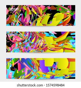 Abstract banner template with bright colored random small particle explosion. Sport music social media layout. Optical art dynamic background with outer space motion. Futuristic vector.