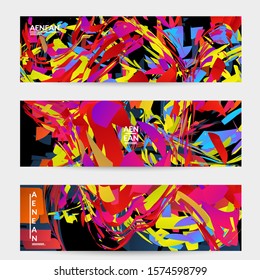 Abstract banner template with bright colored random small particle explosion. Sport music social media layout. Optical art dynamic background with outer space motion. Futuristic vector.