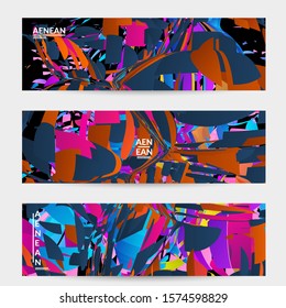 Abstract banner template with bright colored random small particle explosion. Sport music social media layout. Optical art dynamic background with outer space motion. Futuristic vector.