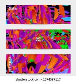 Abstract banner template with bright colored random small particle explosion. Sport music social media layout. Optical art dynamic background with outer space motion. Futuristic vector.
