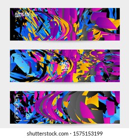 Abstract banner template with bright colored random small particle explosion. Sport music social media layout. Optical art dynamic background with outer space motion. Futuristic vector.