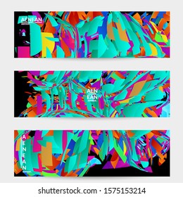 Abstract banner template with bright colored random small particle explosion. Sport music social media layout. Optical art dynamic background with outer space motion. Futuristic vector.