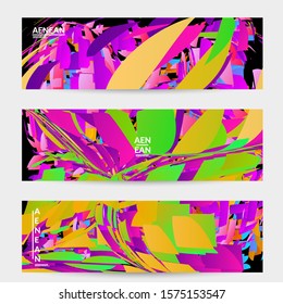 Abstract banner template with bright colored random small particle explosion. Sport music social media layout. Optical art dynamic background with outer space motion. Futuristic vector.