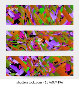 Abstract banner template with bright colored random small particle explosion. Sport music social media layout. Optical art dynamic background with outer space motion. Futuristic vector.