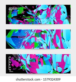 Abstract banner template with bright colored random small particle explosion. Sport music social media layout. Optical art dynamic background with outer space motion. Futuristic vector.