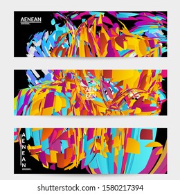 Abstract banner template with bright colored random small particle explosion. Sport music social media layout. Optical art dynamic background with outer space motion. Futuristic vector.