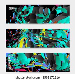 Abstract banner template with bright colored random small particle explosion. Sport music social media layout. Optical art dynamic background with outer space motion. Futuristic vector.