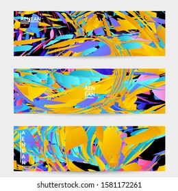 Abstract banner template with bright colored random small particle explosion. Sport music social media layout. Optical art dynamic background with outer space motion. Futuristic vector.