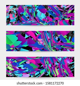 Abstract banner template with bright colored random small particle explosion. Sport music social media layout. Optical art dynamic background with outer space motion. Futuristic vector.