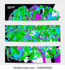 Abstract banner template with bright colored random small particle explosion. Sport music social media layout. Optical art dynamic background with outer space motion. Futuristic vector.