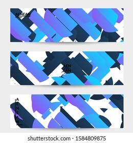 Abstract banner template with bright colored random stripes. Dynamic modern design with scattered gradient geometric shapes. Simple colorful futuristic elements. Sport music social media layout.