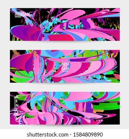 Abstract banner template with bright colored random small particle explosion. Sport music social media layout. Optical art dynamic background with outer space motion. Futuristic vector.