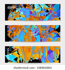 Abstract banner template with bright colored random small particle explosion. Sport music social media layout. Optical art dynamic background with outer space motion. Futuristic vector.