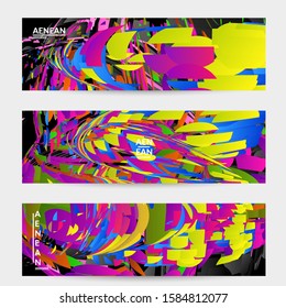 Abstract banner template with bright colored random small particle explosion. Sport music social media layout. Optical art dynamic background with outer space motion. Futuristic vector.