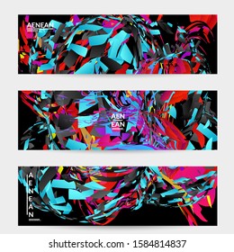 Abstract banner template with bright colored random small particle explosion. Sport music social media layout. Optical art dynamic background with outer space motion. Futuristic vector.