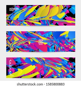 Abstract banner template with bright colored random small particle explosion. Sport music social media layout. Optical art dynamic background with outer space motion. Futuristic vector.