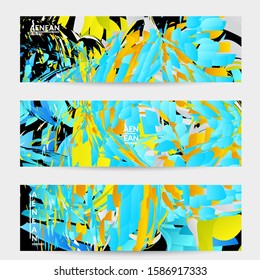 Abstract banner template with bright colored random small particle explosion. Sport music social media layout. Optical art dynamic background with outer space motion. Futuristic vector.