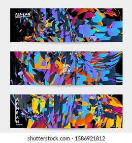 Modelo de banner abstrato com explosão de partículas pequenas aleatórias de cor brilhante. Layout de mídia social de música esportiva. Fundo dinâmico da arte óptica com movimento do espaço exterior. Vetor futurista.