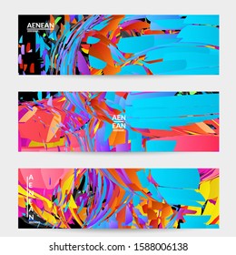 Abstract banner template with bright colored random small particle explosion. Sport music social media layout. Optical art dynamic background with outer space motion. Futuristic vector.