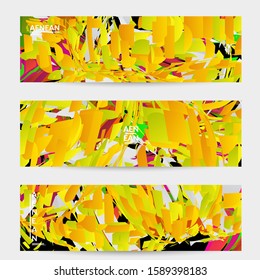 Abstract banner template with bright colored random small particle explosion. Sport music social media layout. Optical art dynamic background with outer space motion. Futuristic vector.