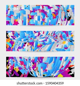 Abstract banner template with bright colored random small particle explosion. Sport music social media layout. Optical art dynamic background with outer space motion. Futuristic vector.