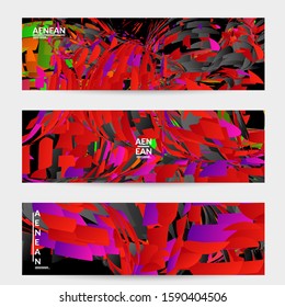 Abstract banner template with bright colored random small particle explosion. Sport music social media layout. Optical art dynamic background with outer space motion. Futuristic vector.