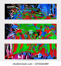 Abstract banner template with bright colored random small particle explosion. Sport music social media layout. Optical art dynamic background with outer space motion. Futuristic vector.