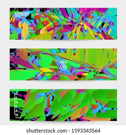 Abstract banner template with bright colored random small particle explosion. Sport music social media layout. Optical art dynamic background with outer space motion. Futuristic vector.