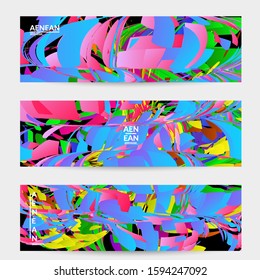 Abstract banner template with bright colored random small particle explosion. Sport music social media layout. Optical art dynamic background with outer space motion. Futuristic vector.