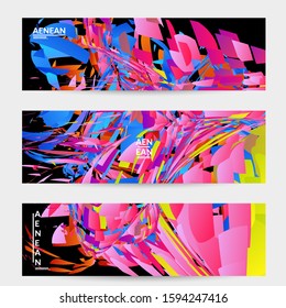Abstract banner template with bright colored random small particle explosion. Sport music social media layout. Optical art dynamic background with outer space motion. Futuristic vector.