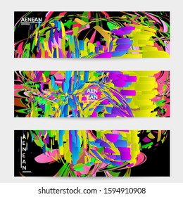Abstract banner template with bright colored random small particle explosion. Sport music social media layout. Optical art dynamic background with outer space motion. Futuristic vector.