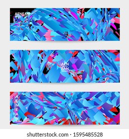 Abstract banner template with bright colored random small particle explosion. Sport music social media layout. Optical art dynamic background with outer space motion. Futuristic vector.