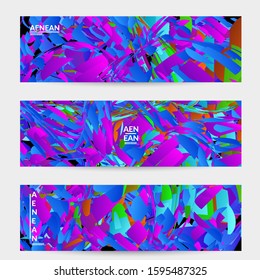 Abstract banner template with bright colored random small particle explosion. Sport music social media layout. Optical art dynamic background with outer space motion. Futuristic vector.