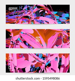 Abstract banner template with bright colored random small particle explosion. Sport music social media layout. Optical art dynamic background with outer space motion. Futuristic vector.
