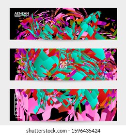 Abstract banner template with bright colored random small particle explosion. Sport music social media layout. Optical art dynamic background with outer space motion. Futuristic vector.