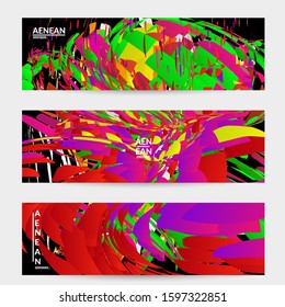 Abstract banner template with bright colored random small particle explosion. Sport music social media layout. Optical art dynamic background with outer space motion. Futuristic vector.