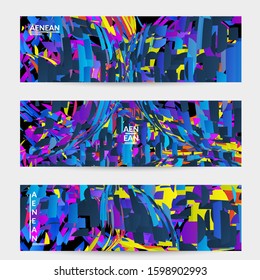 Abstract banner template with bright colored random small particle explosion. Sport music social media layout. Optical art dynamic background with outer space motion. Futuristic vector.