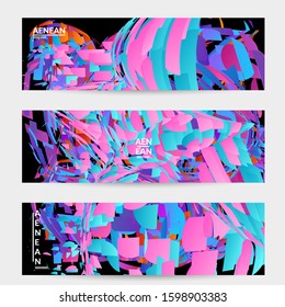 Abstract banner template with bright colored random small particle explosion. Sport music social media layout. Optical art dynamic background with outer space motion. Futuristic vector.