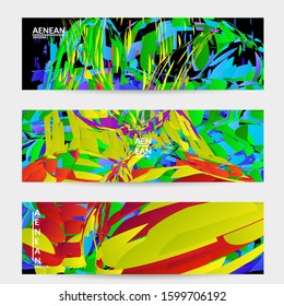 Abstract banner template with bright colored random small particle explosion. Sport music social media layout. Optical art dynamic background with outer space motion. Futuristic vector.