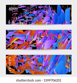 Abstract banner template with bright colored random small particle explosion. Sport music social media layout. Optical art dynamic background with outer space motion. Futuristic vector.