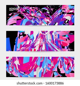 Abstract banner template with bright colored random small particle explosion. Sport music social media layout. Optical art dynamic background with outer space motion. Futuristic vector.