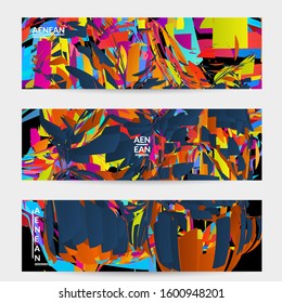 Abstract banner template with bright colored random small particle explosion. Sport music social media layout. Optical art dynamic background with outer space motion. Futuristic vector.
