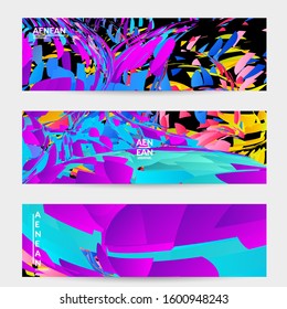 Abstract banner template with bright colored random small particle explosion. Sport music social media layout. Optical art dynamic background with outer space motion. Futuristic vector.