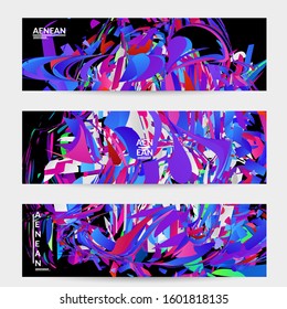 Abstract banner template with bright colored random small particle explosion. Sport music social media layout. Optical art dynamic background with outer space motion. Futuristic vector.