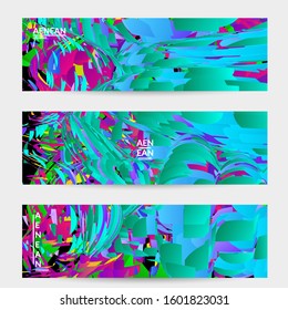Abstract banner template with bright colored random small particle explosion. Sport music social media layout. Optical art dynamic background with outer space motion. Futuristic vector.