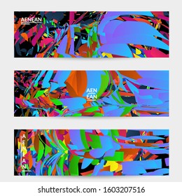 Abstract banner template with bright colored random small particle explosion. Sport music social media layout. Optical art dynamic background with outer space motion. Futuristic vector.