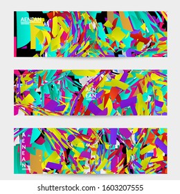 Abstract banner template with bright colored random small particle explosion. Sport music social media layout. Optical art dynamic background with outer space motion. Futuristic vector.