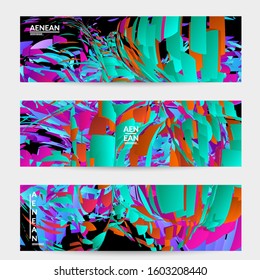 Abstract banner template with bright colored random small particle explosion. Sport music social media layout. Optical art dynamic background with outer space motion. Futuristic vector.